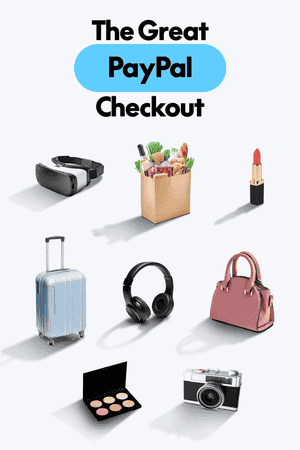 Different purchase products and text that reads “The Great PayPal Checkout”.