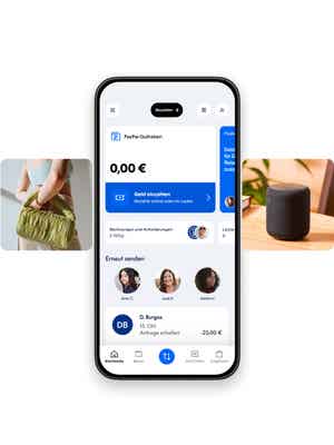 Smartphone, das den PayPal-Saldo mit Kacheln verschiedener zum Kauf angebotener Artikel anzeigt